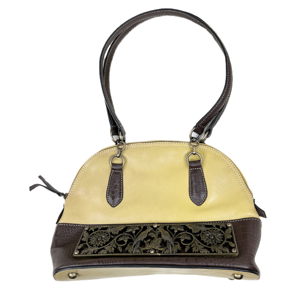 Firenze Bella Cream Yellow & Brown Pebbled Italian‎ Leather Shoulder Bag